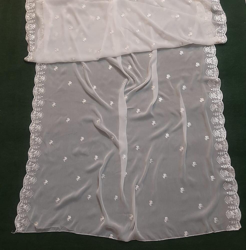 Cutwork Embroided Chiffon Dupatta - Dyeable - White
