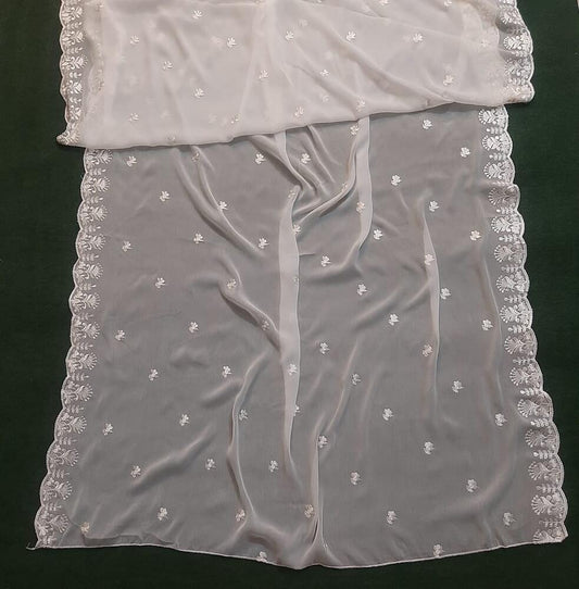 Cutwork Embroided Chiffon Dupatta - Dyeable - White