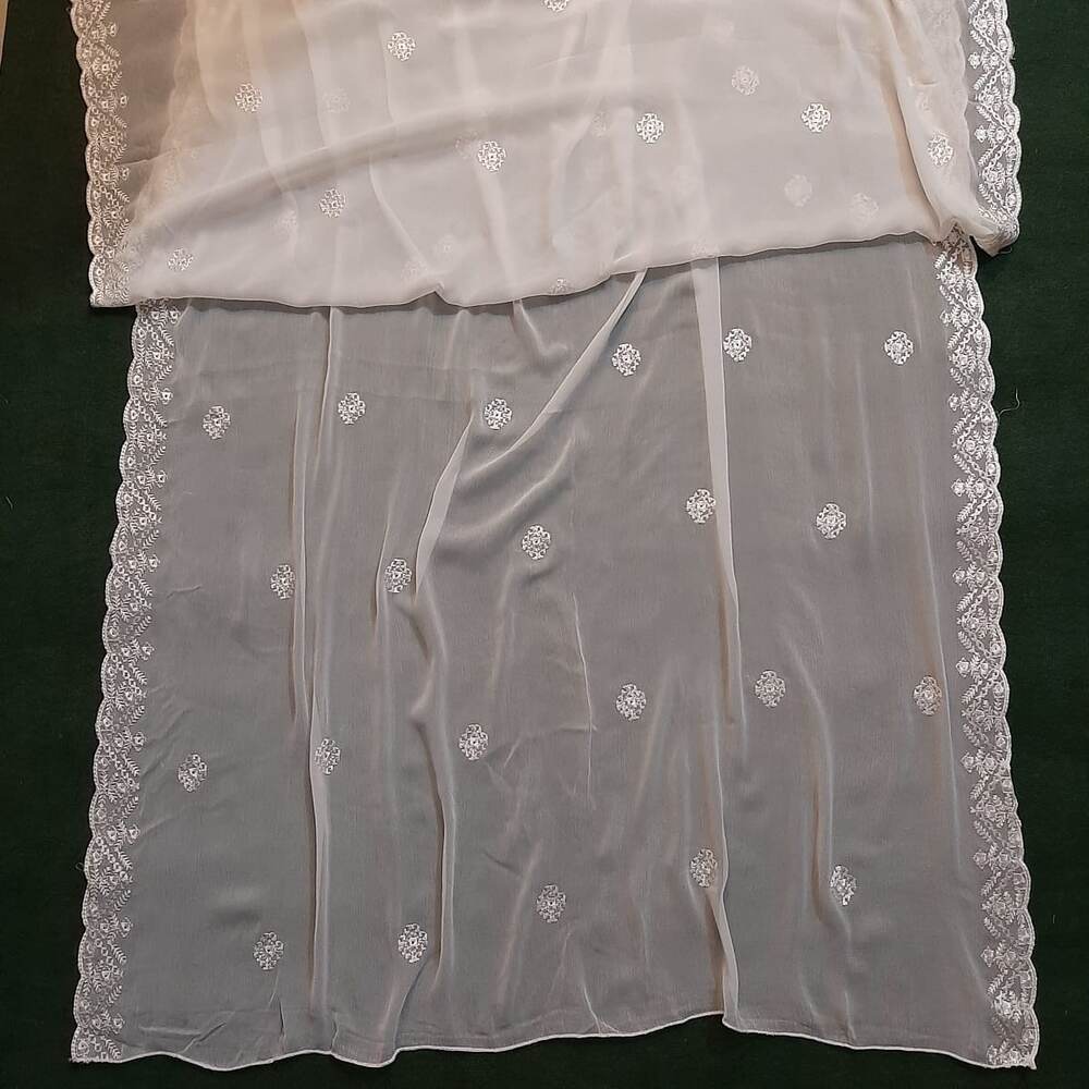 Cutwork Embroided Chiffon Dupatta - Dyeable - White