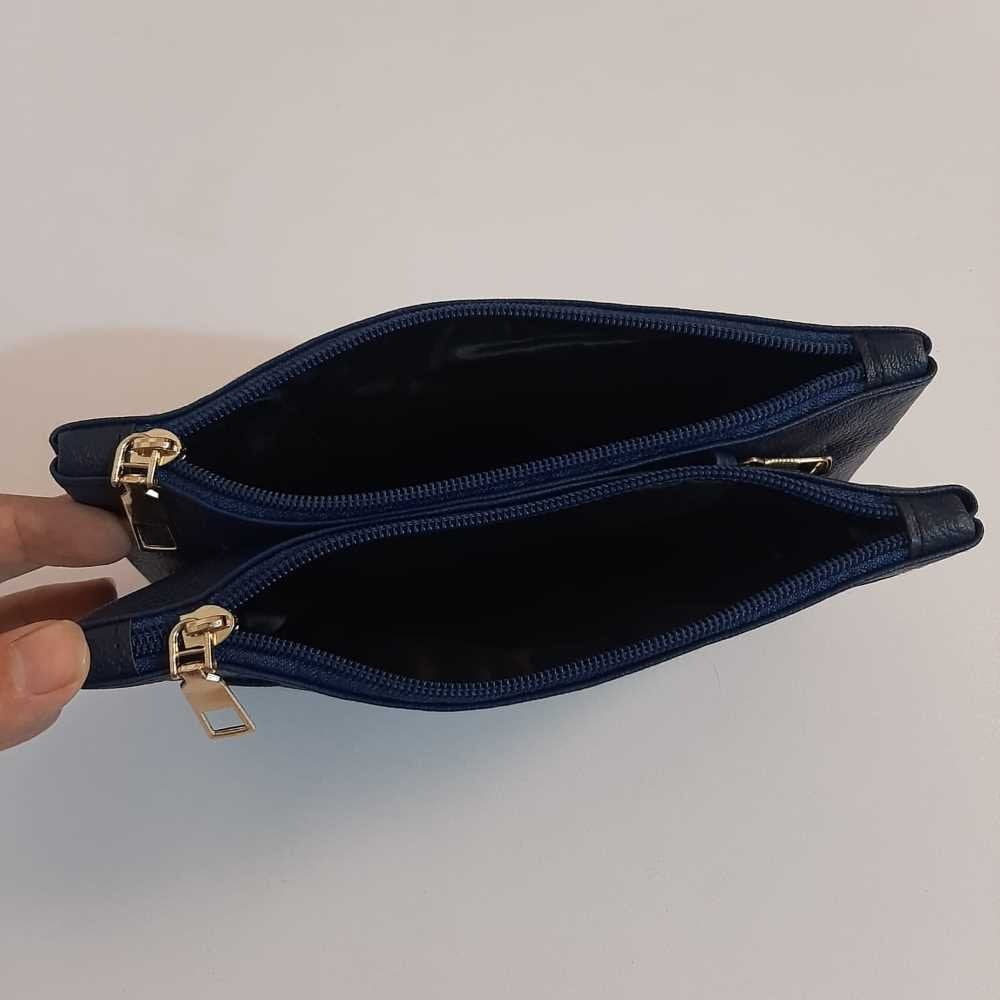 Double Zip Soft Leather Wallet - Navy - W07