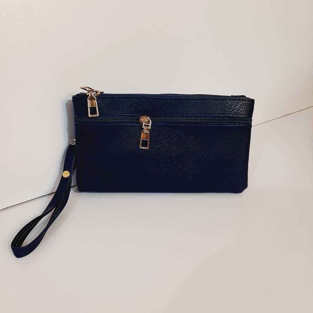 Double Zip Soft Leather Wallet - Navy - W07