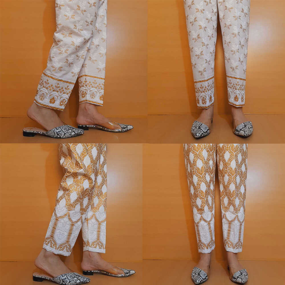 Embossed Trouser - White / Gold- Cotton