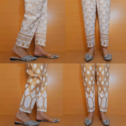 Embossed Trouser - White / Gold- Cotton