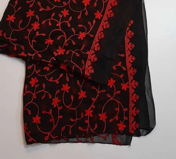 Embroided Chiffon Dupatta Black/Red - ZD607