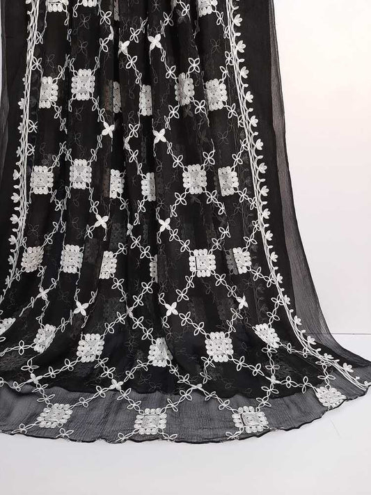 Embroided Chiffon Dupatta - Black - ZD874
