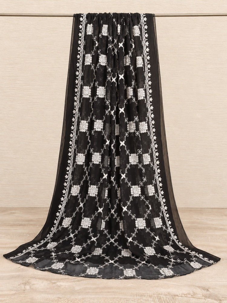 Embroided Chiffon Dupatta - Black - ZD874