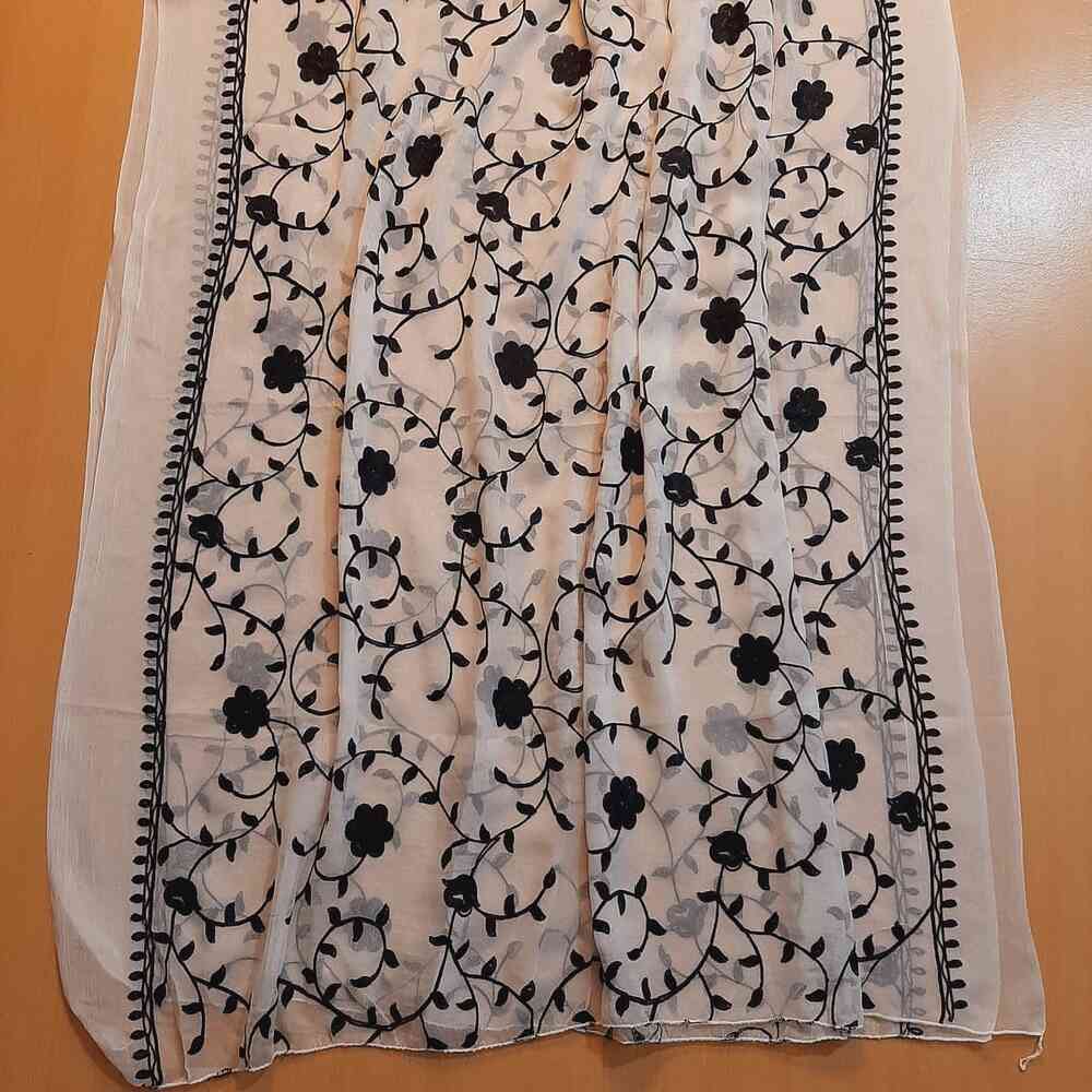 Embroided Chiffon Dupatta - White / Black