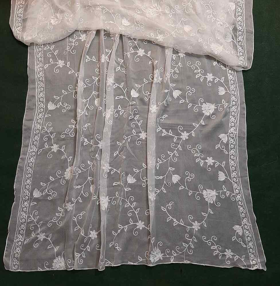 Embroided Chiffon Dupatta - Dyeable - White