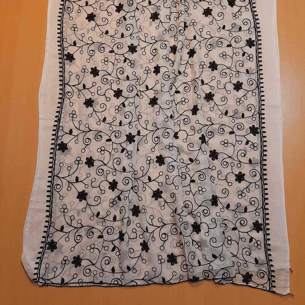 Embroided Chiffon Dupatta - White / Black
