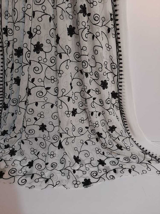 Embroided Chiffon Dupatta - White / Black - ZD636