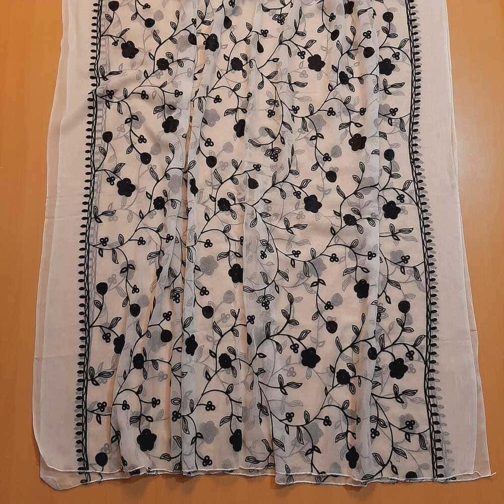 Embroided Chiffon Dupatta - White / Black