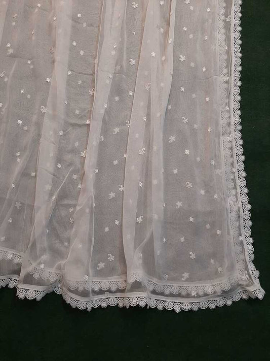 Embroided Chiffon Dupatta With 4 Side Lace – White - ZD424