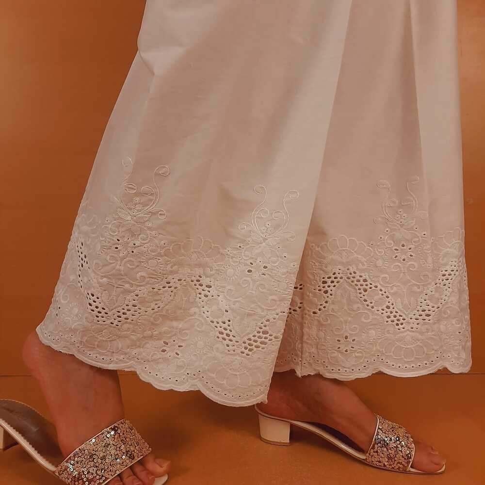 Embroided Stretchable Cotton Palazzo - White - ZT401