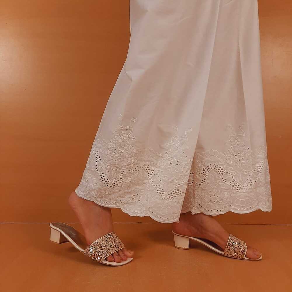 Embroided Stretchable Cotton Palazzo - White - ZT401