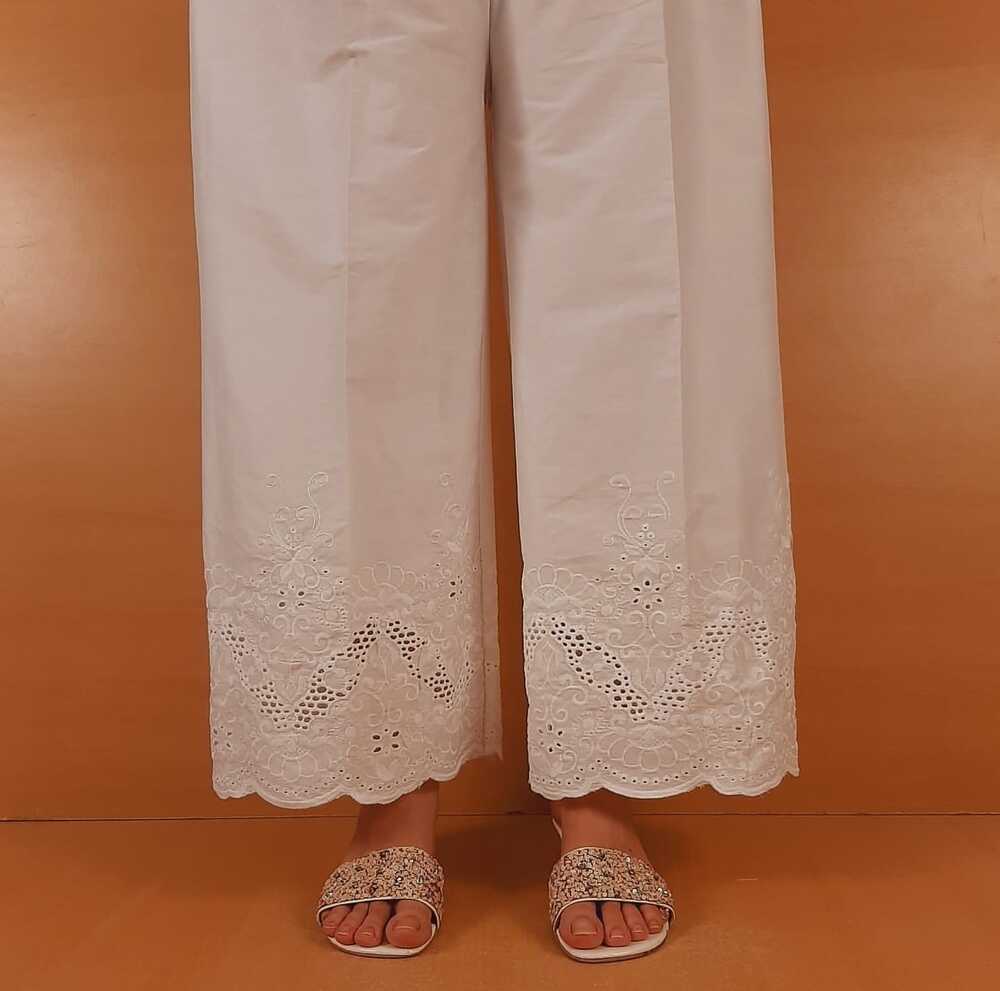 Embroided Stretchable Cotton Palazzo - White - ZT401