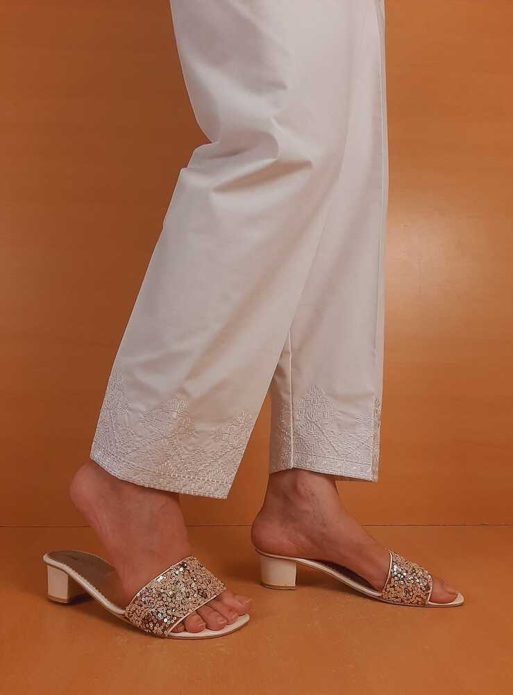 Embroided Cotton Trouser - White - PT02