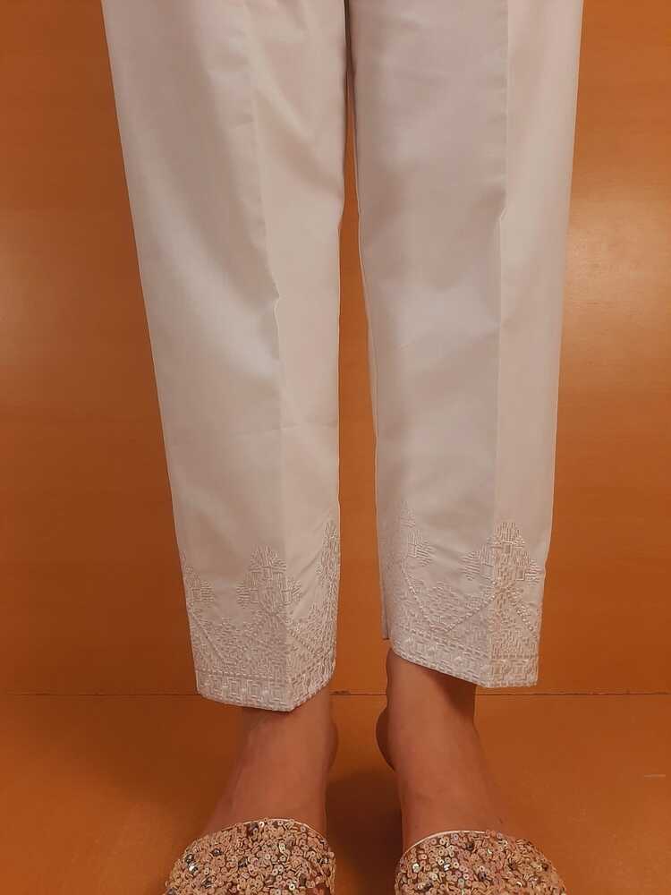 Embroided Cotton Trouser - White - PT02