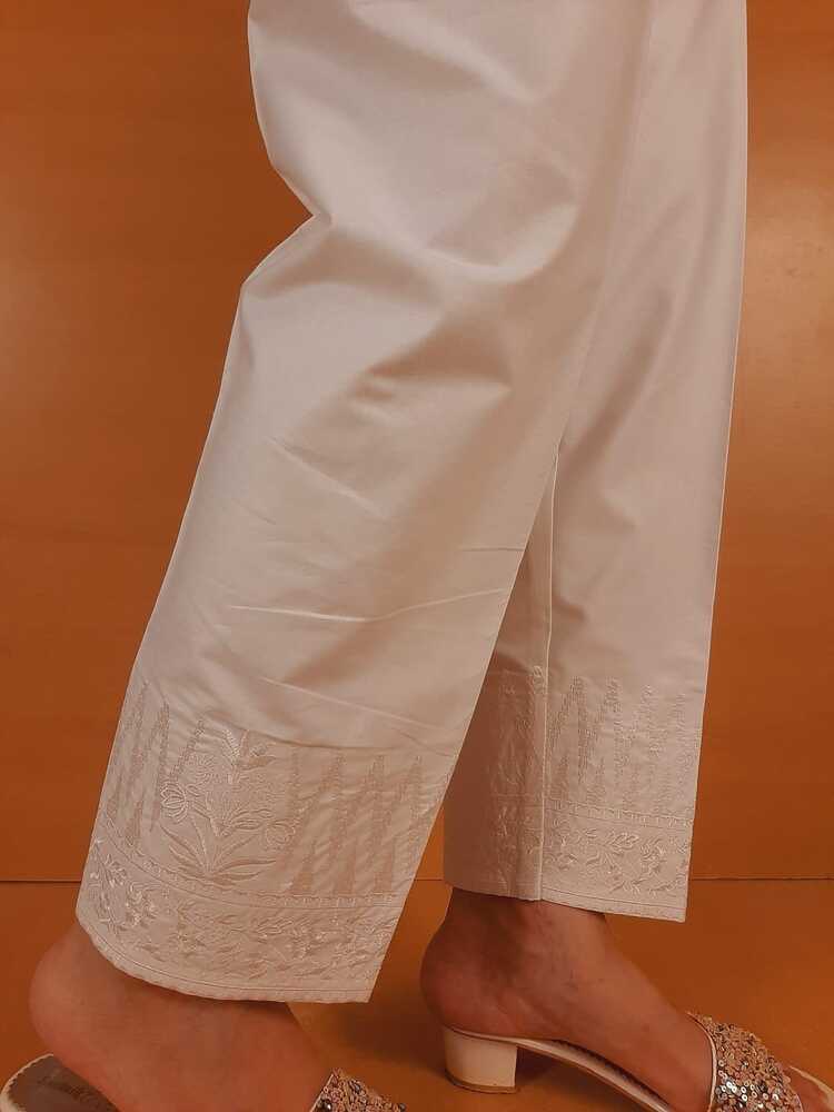 Embroided Cotton Trouser - White - PT05