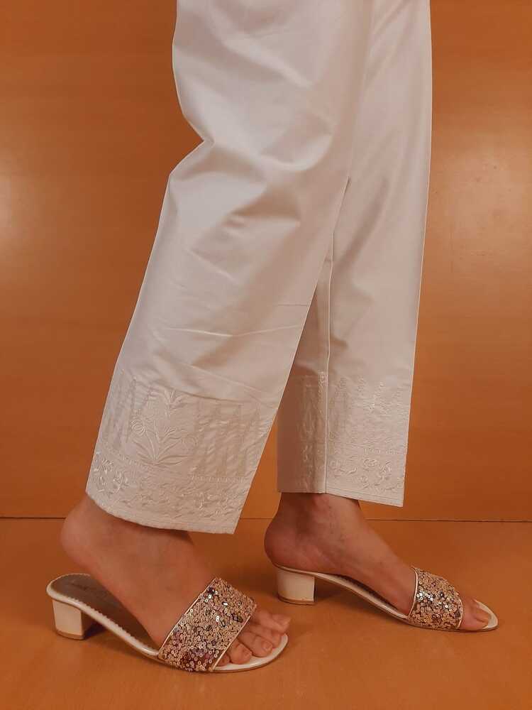 Embroided Cotton Trouser - White - PT05
