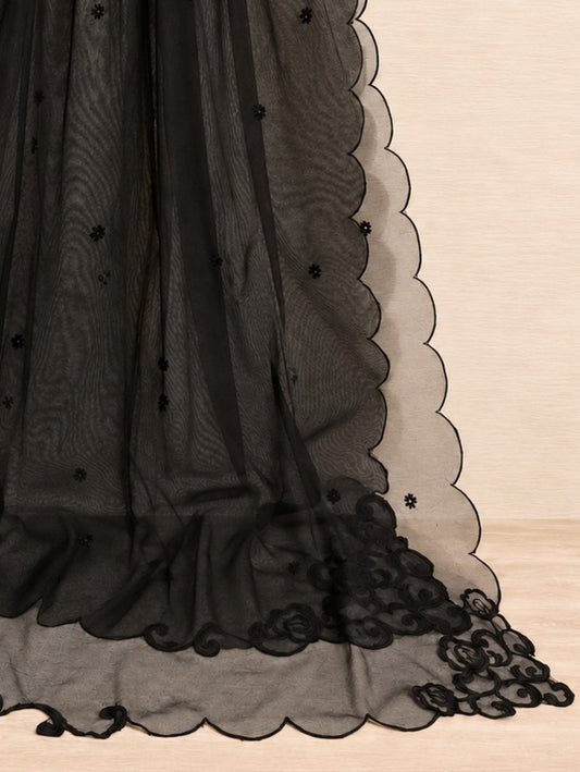 Embroided Khaadi Net Dupatta - Black - MK02