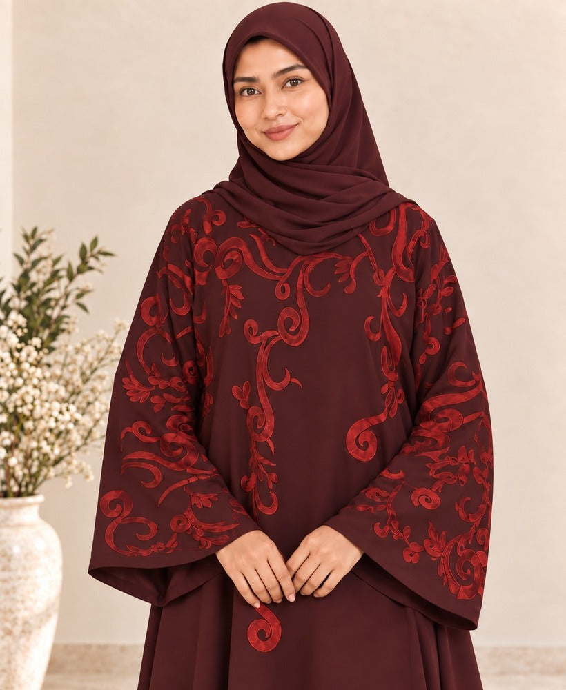 Embroided - Maxi Style - Nidah Abaya - Maroon - BGA04