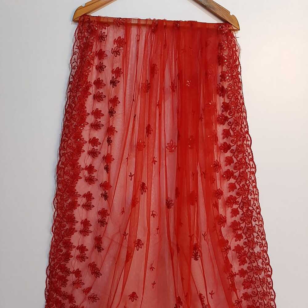Embroided Net Dupatta - Red - ZD73