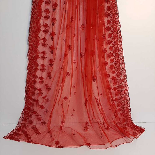 Embroided Net Dupatta - Red - ZD73