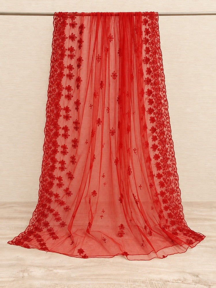Embroided Net Dupatta - Red - ZD73