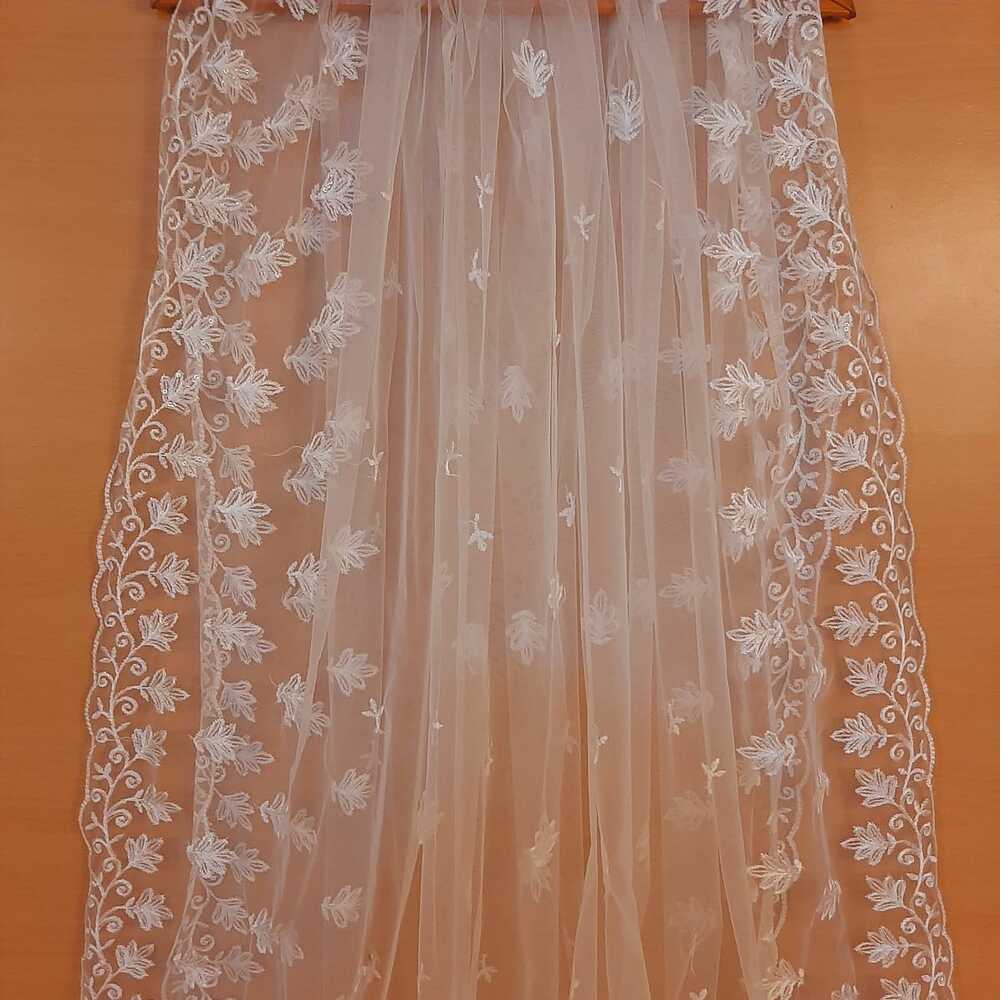 Embroided Net Dupatta - White - ZD1121