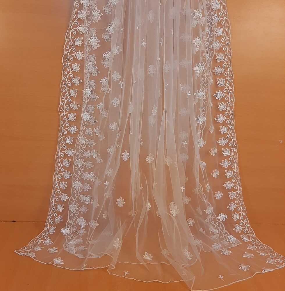 Embroided Net Dupatta - White - ZD1121