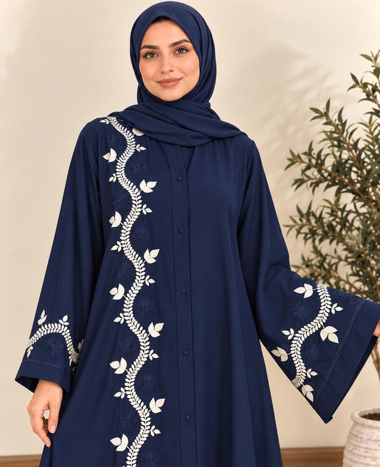 Embroided - Nidah Abaya With Scarf - Navy - BGA07