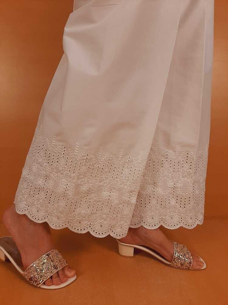 Embroided strechable Palazo - White - ZT346