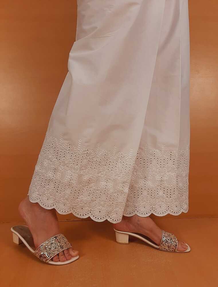 Embroided strechable Palazo - White - ZT346
