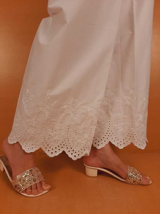 Embroided Strechable Cotton Palazzo - White - ZT504