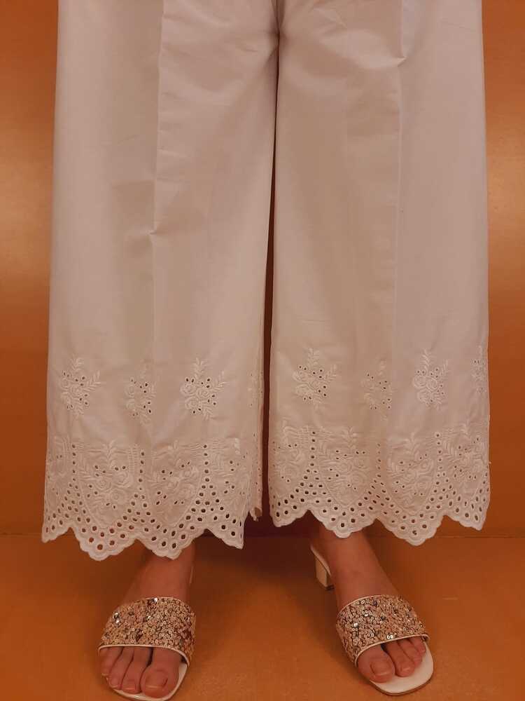 Embroided Strechable Cotton Palazzo - White - ZT504