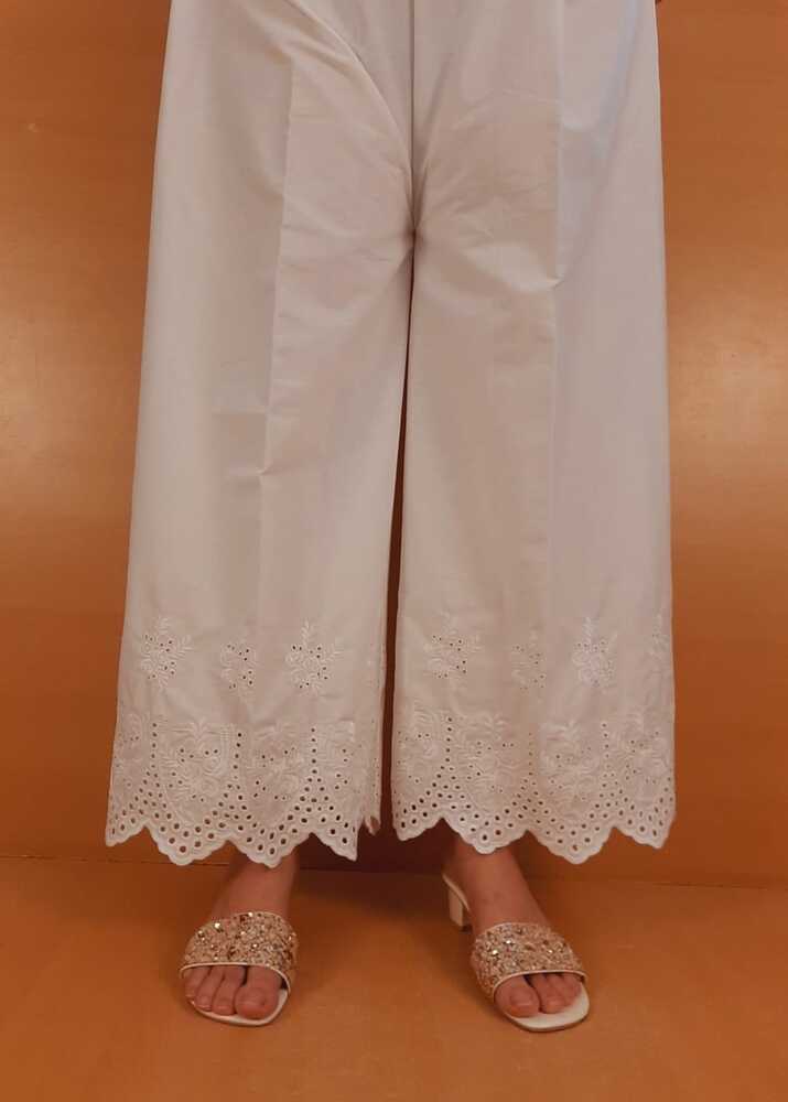 Embroided Strechable Cotton Palazzo - White - ZT504