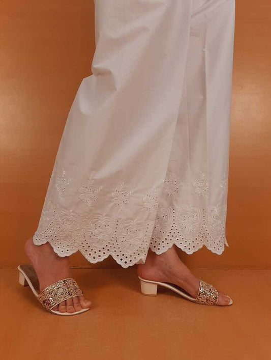 Embroided Strechable Cotton Palazzo - White - ZT504