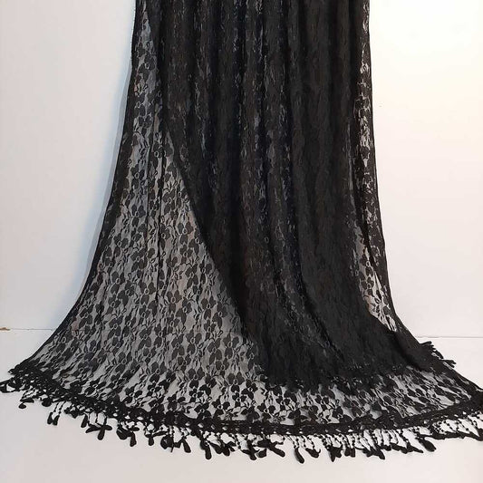 Floral Net Dupatta With Lace - Black - ZD103