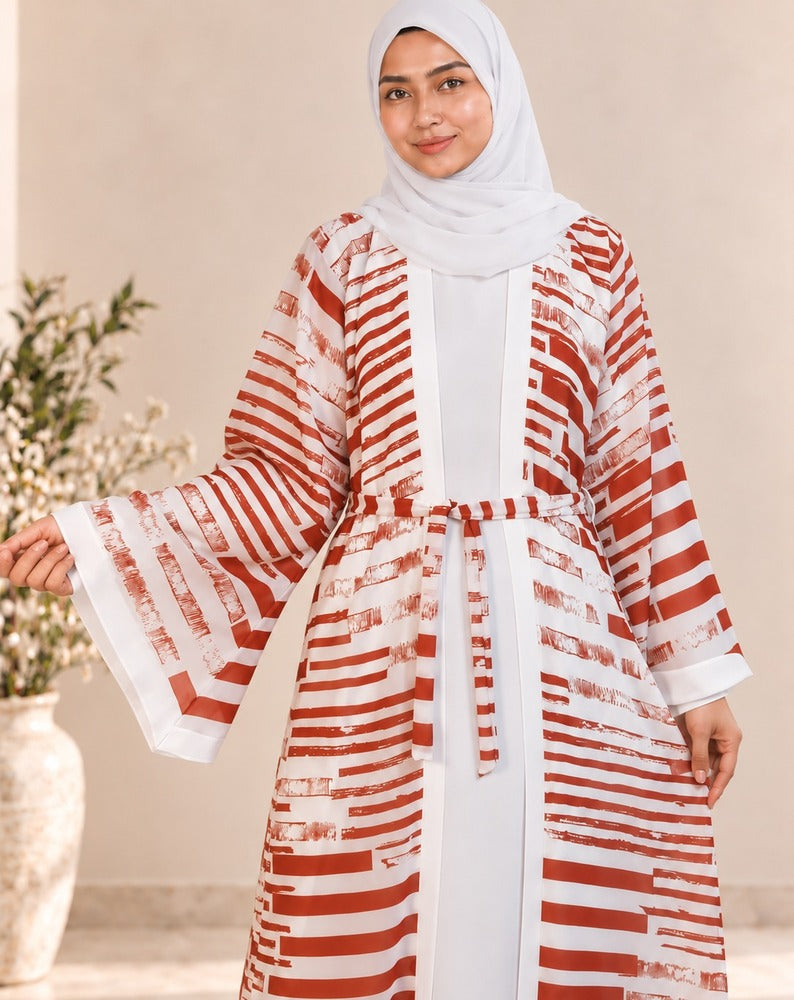 Georgette - Double Layer Abaya With Scarf - White - BGA23
