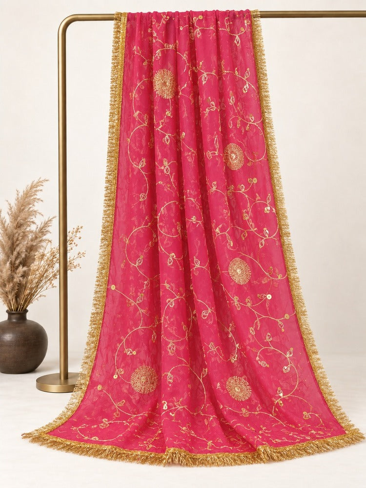 Gota Work Dupatta For Wedding - Net - Pink - ZD07
