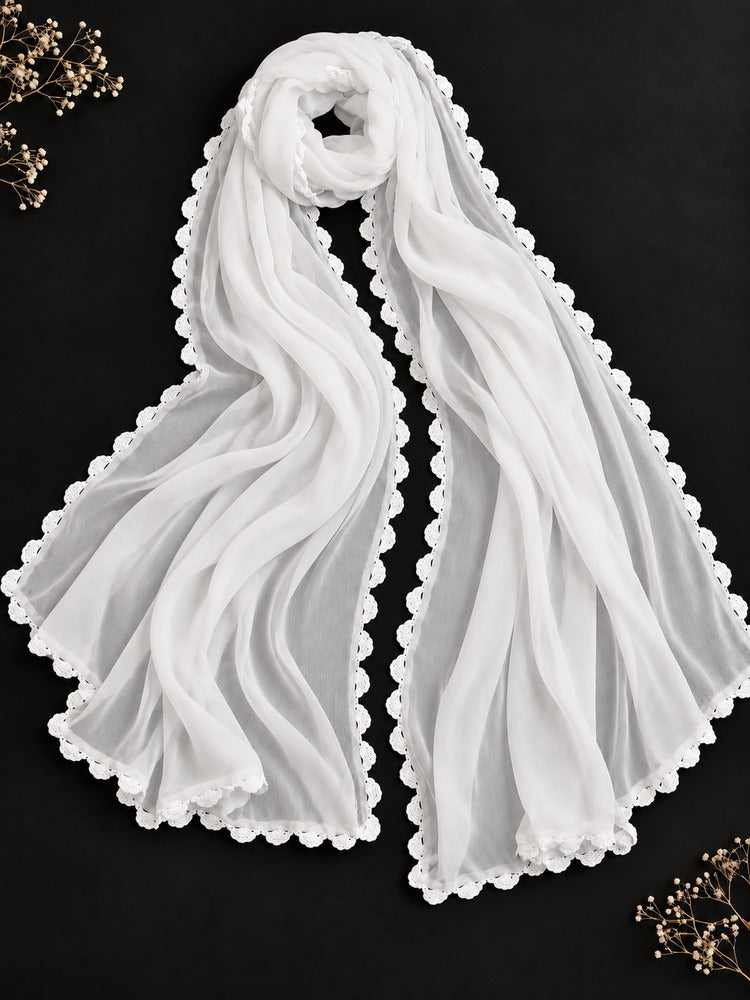 Hand Qureshia Work Chiffon Dupatta – Large – White