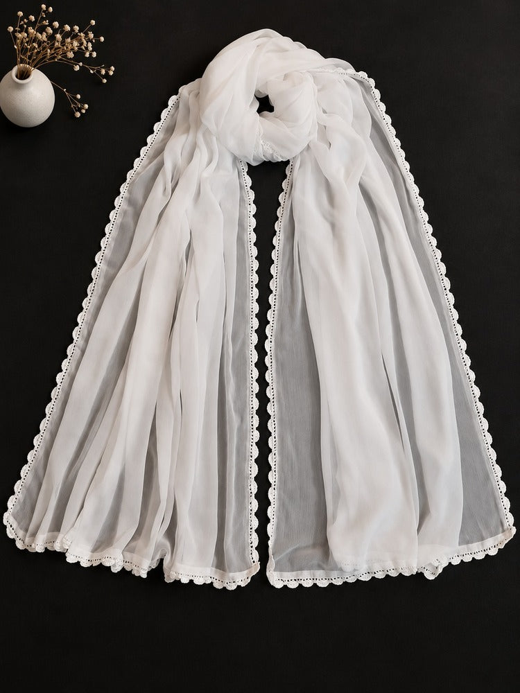 Hand Crochet Chiffon Dupatta – Large – White - BGD13