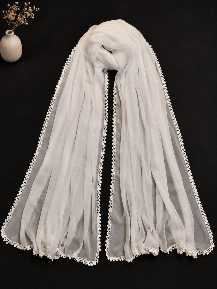 Hand Crochet Chiffon Dupatta – Large – White - BGD10