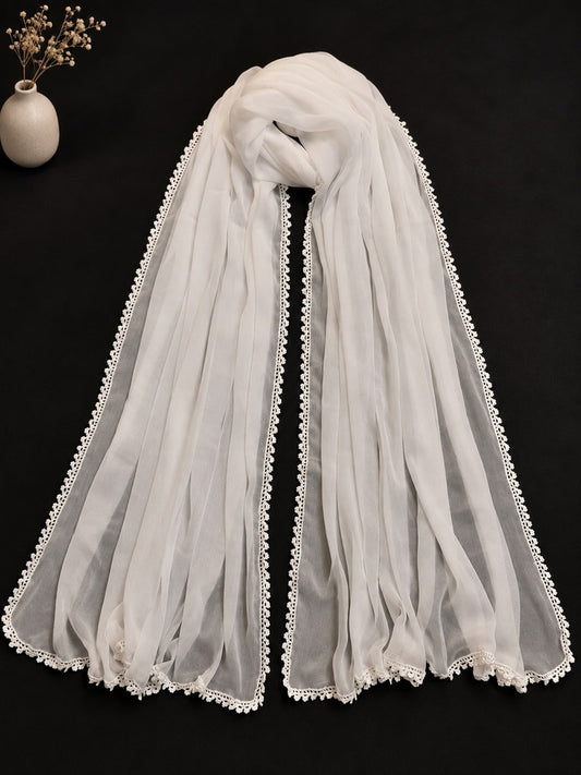 Hand Qureshia Work Chiffon Dupatta – Large – White
