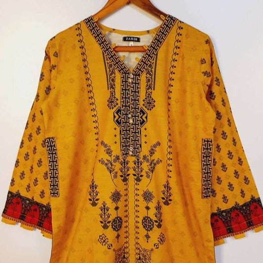 khaddar pinted warm kurti yellow