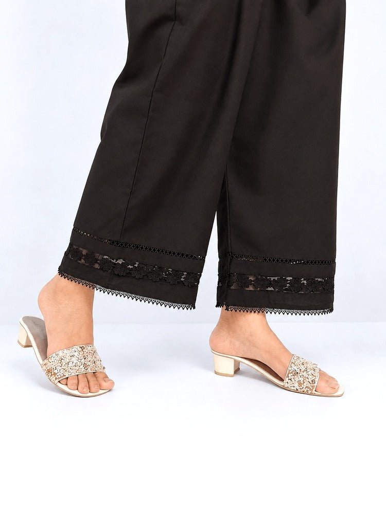 Laces Embellished Cotton Palazzo - Black - PT36