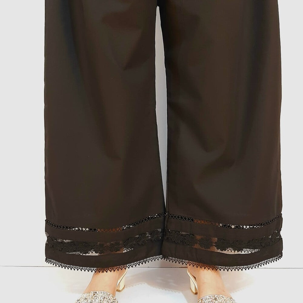 Laces Embellished Cotton Palazzo - Black - PT36