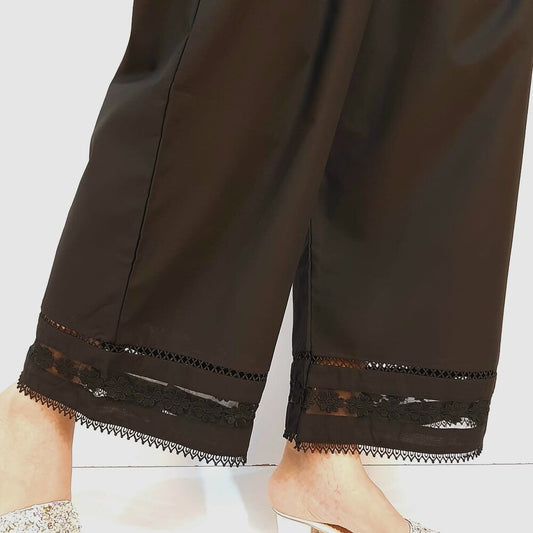 Laces Embellished Cotton Palazzo - Black - PT36