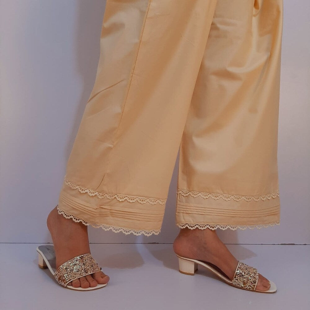 Laces Embellished Cotton Palazzo - Beige - PT38