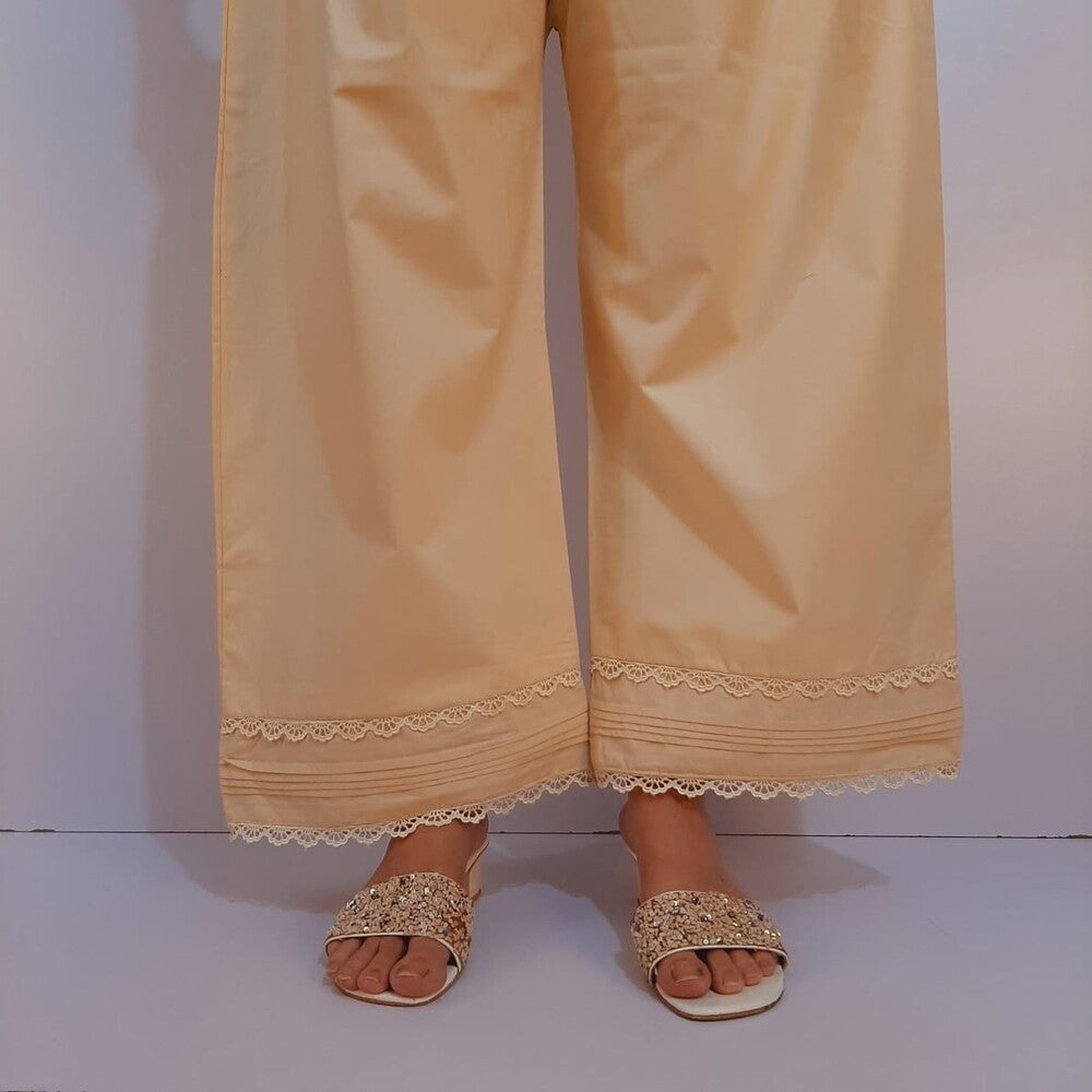 Laces Embellished Cotton Palazzo - Beige - PT38